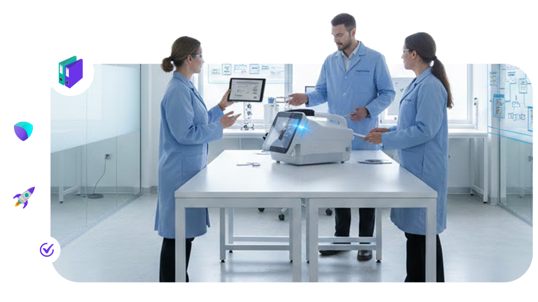 Medical device prototype with technical documentation and regulatory compliance workflow