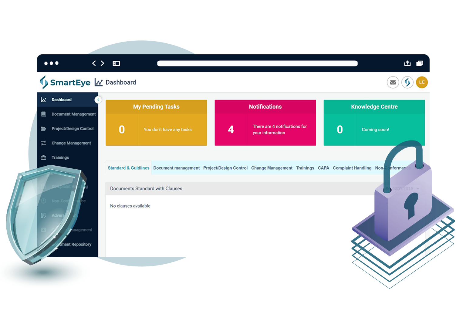 SmartEye eQMS dashboard with compliance, traceability, and audit readiness icons for medical device quality management.