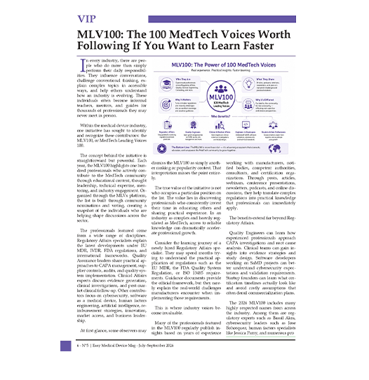 Preview of an Easy Medical Device magazine page featuring the MLV100 article about the 100 MedTech voices worth following for regulatory and industry insights.