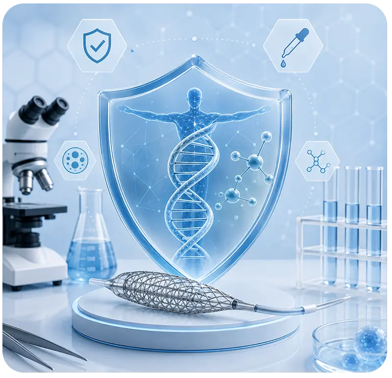 Medical device biocompatibility testing illustration showing a medical implant, DNA, molecular structures, and laboratory equipment representing biological safety evaluation.