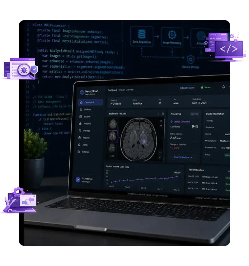 Medical device software development dashboard displayed on a laptop with SaMD interface and programming code in the background.